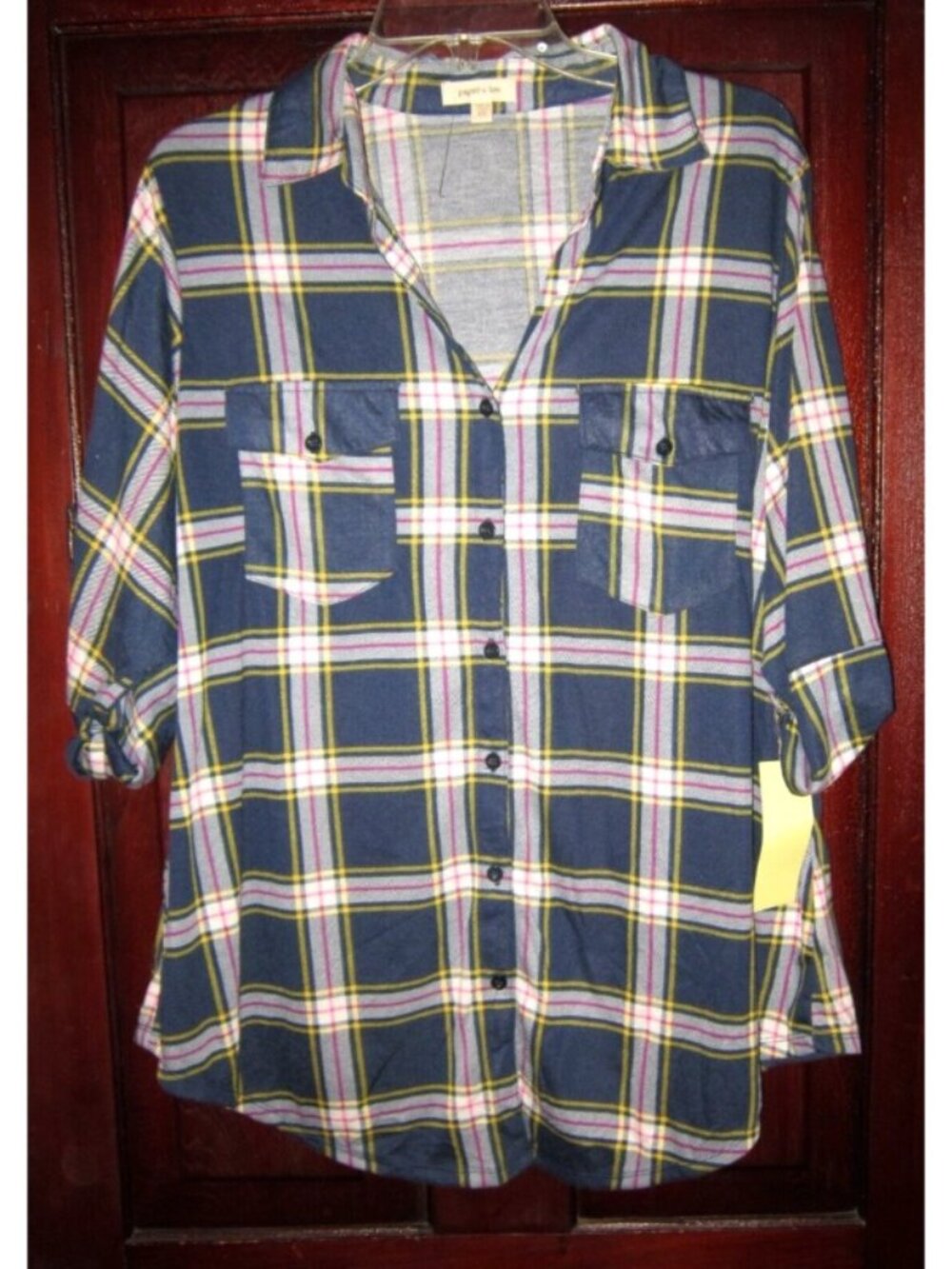 Paper + Tee New Plus Size 2X Button Down Shirt Knit Top Blouse Tunic Plaid Blue
